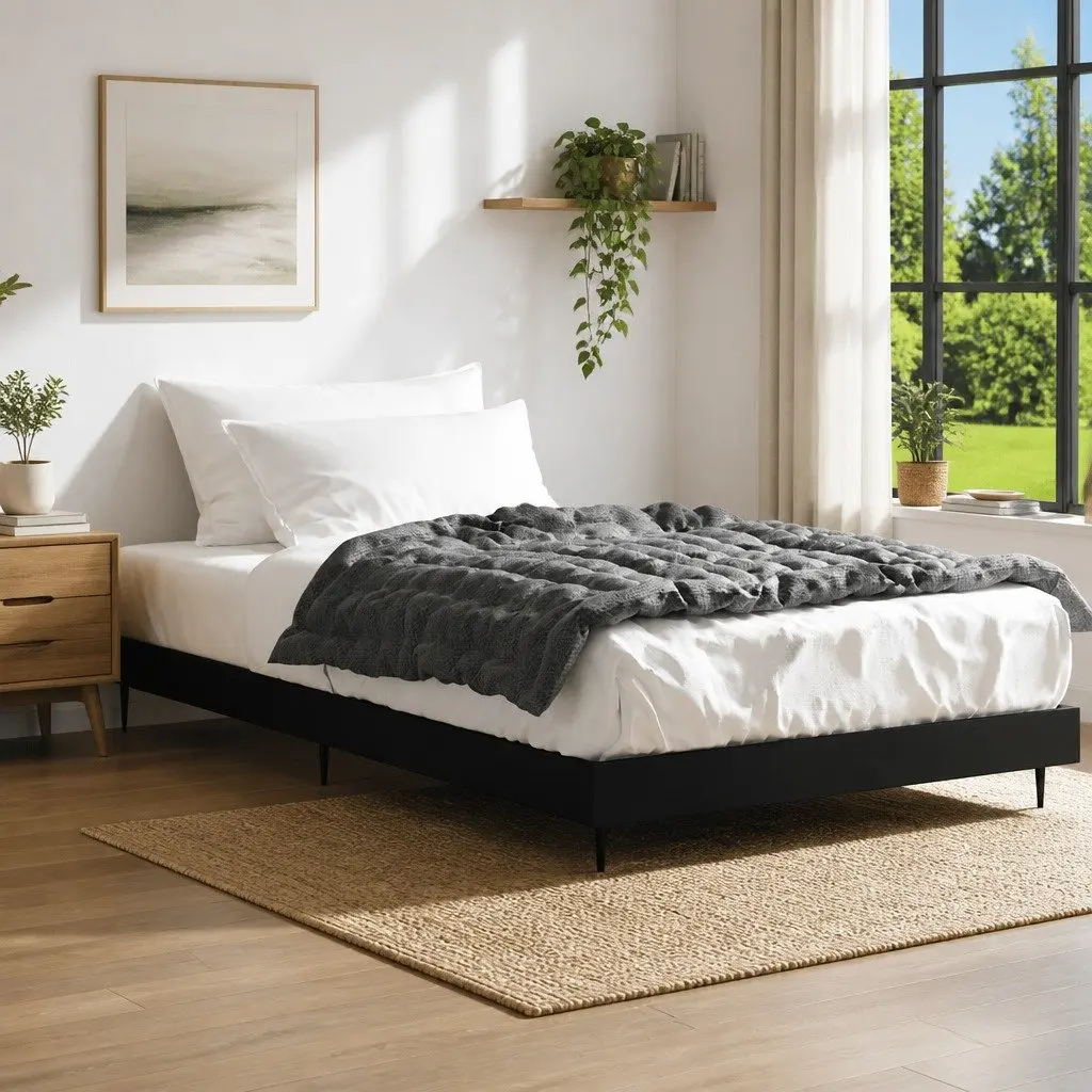Bed Frame 90x190 cm Black Engineered Wood Slatted Base Metal Legs