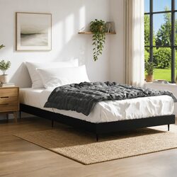 Bed Frame 90x190 cm Black Engineered Wood Slatted Base Metal Legs Bedroom