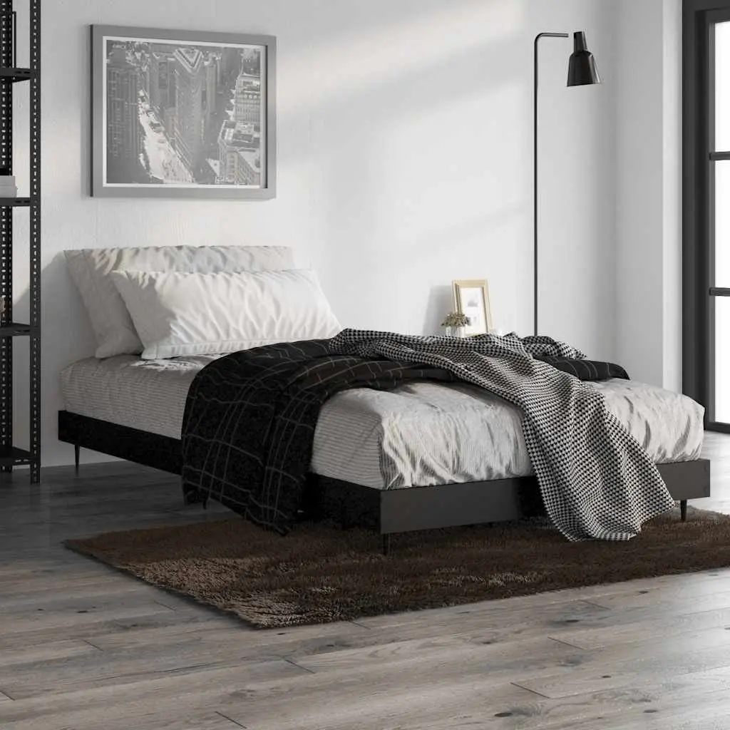 Bed Frame 90x190 cm Black Engineered Wood Slatted Base Metal Legs