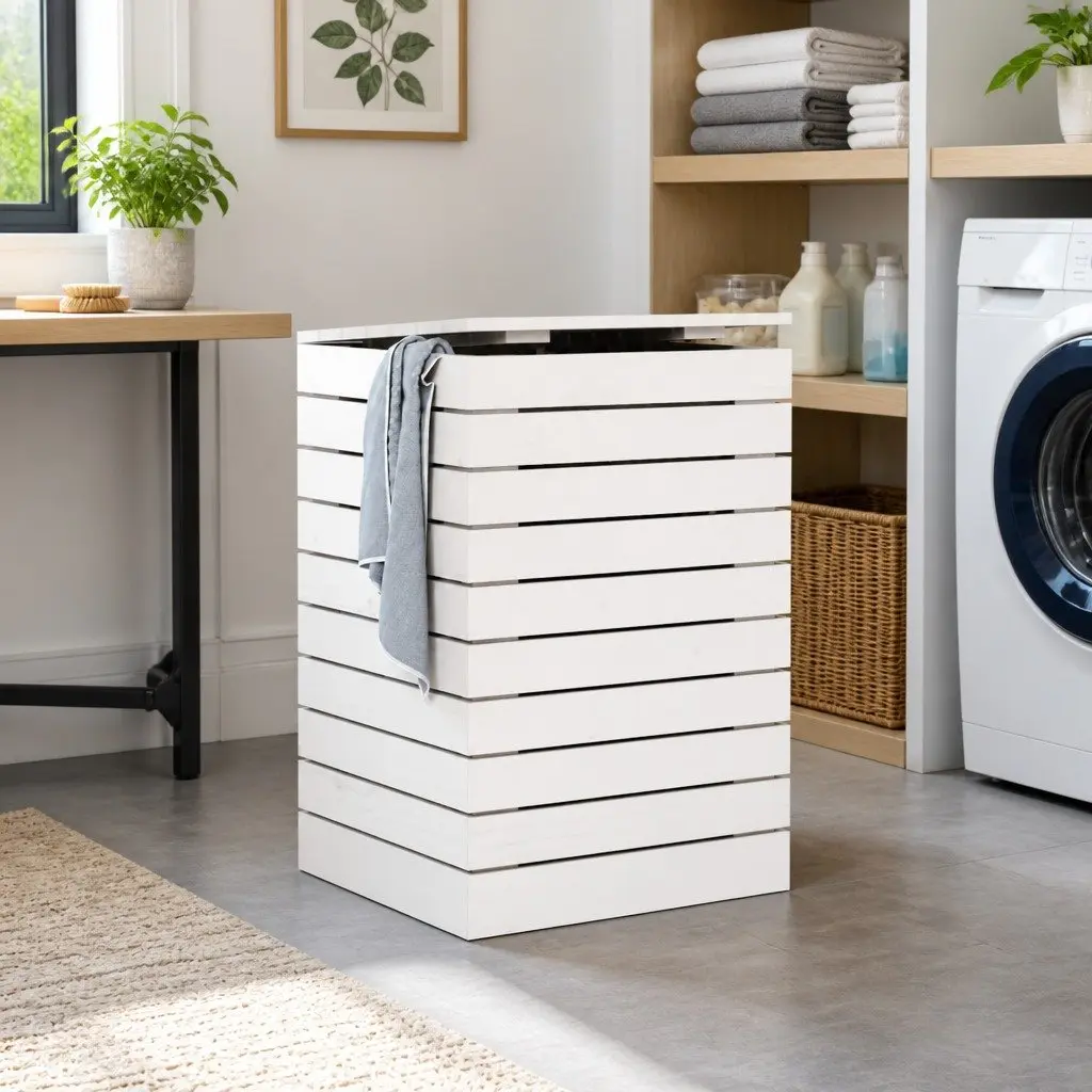 Laundry Basket White Solid Wood Pine Storage Container Household Linen Organiser