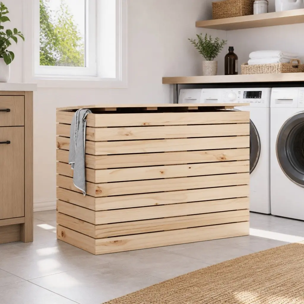 Wooden Laundry Basket with Lid Storage Organiser 88.5x44x66 cm Brown