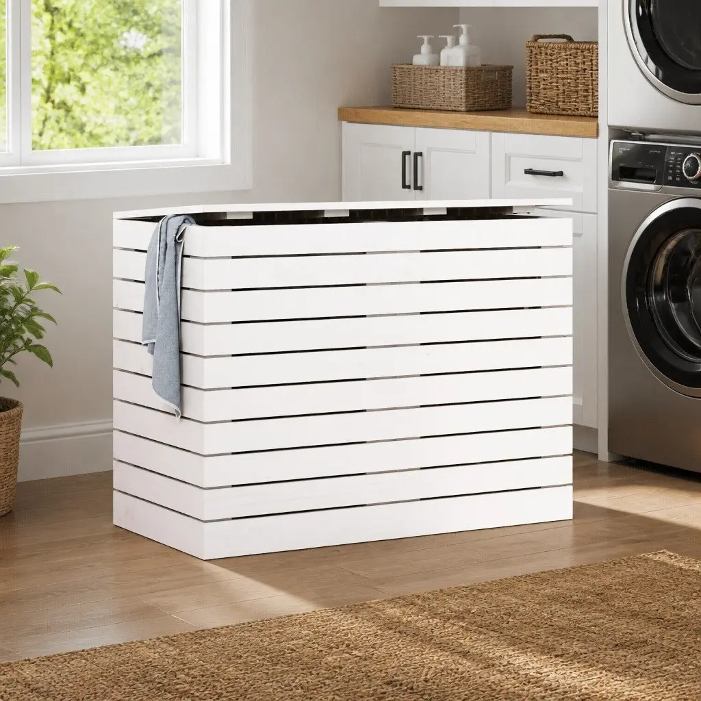 White Laundry Basket Made of Solid Pine Wood