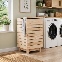 Solid Wood Pine Laundry Bin - 44x44x76 cm Brown Storage