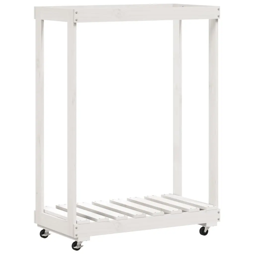 Wooden Log Holder White Storage Rack with Wheels 76.5 x 40 x 108 cm