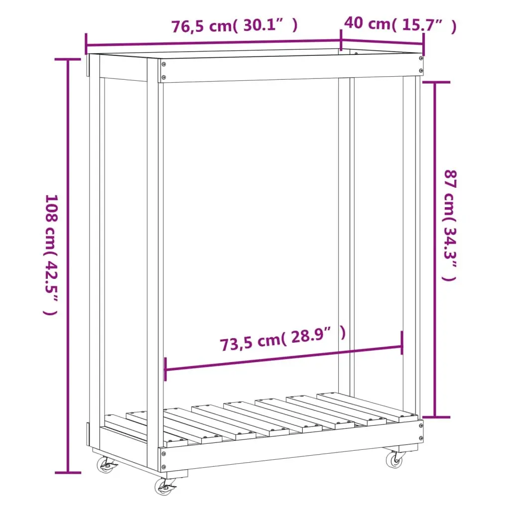 Wooden Log Holder White Storage Rack with Wheels 76.5 x 40 x 108 cm