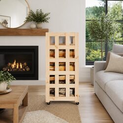 Wooden Log Holder with Wheels Brown Solid Pine Firewood Storage Rack 40x49x110cm