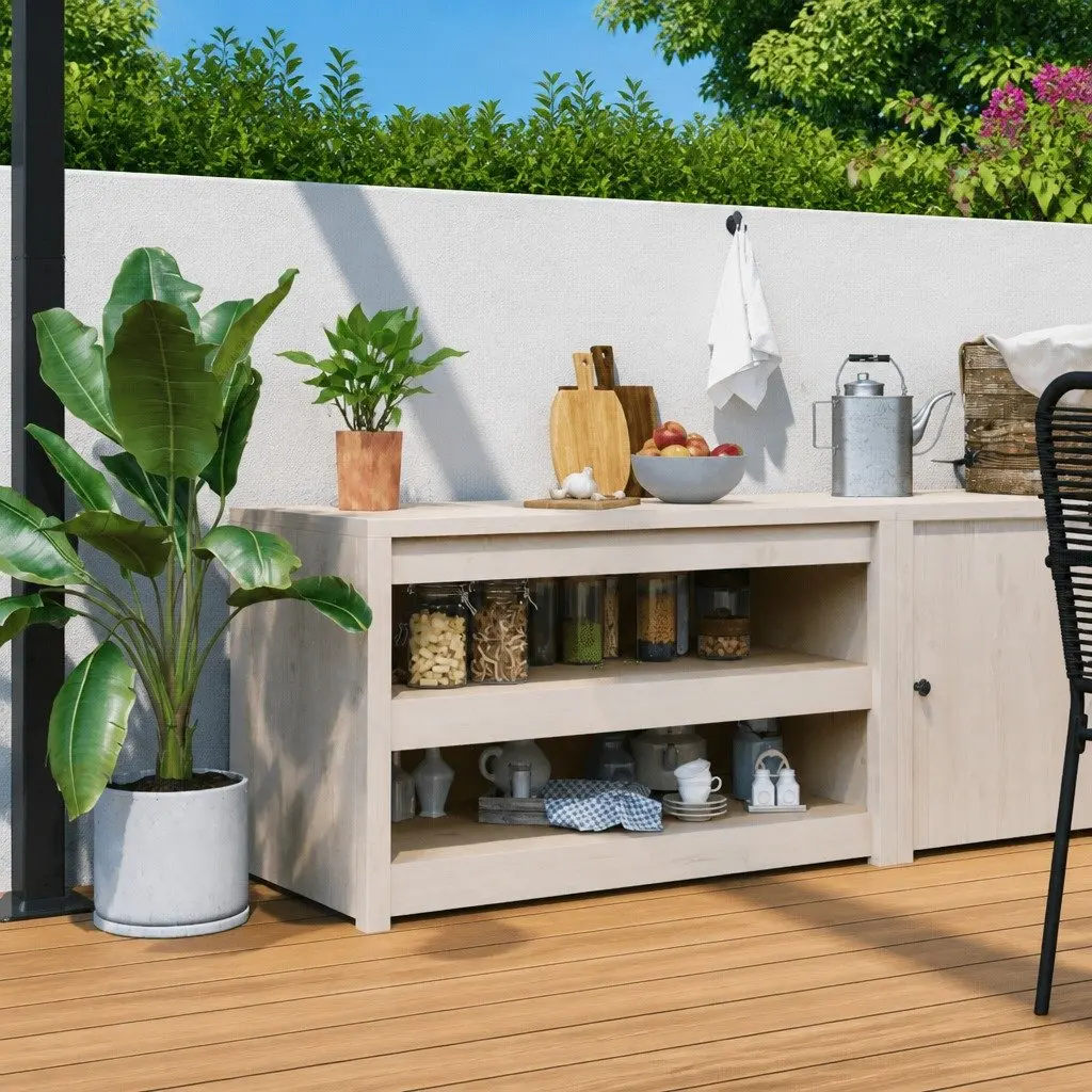 Outdoor Kitchen Cabinet Storage Solid Pine Wood White 106W x 55D x 64H cm