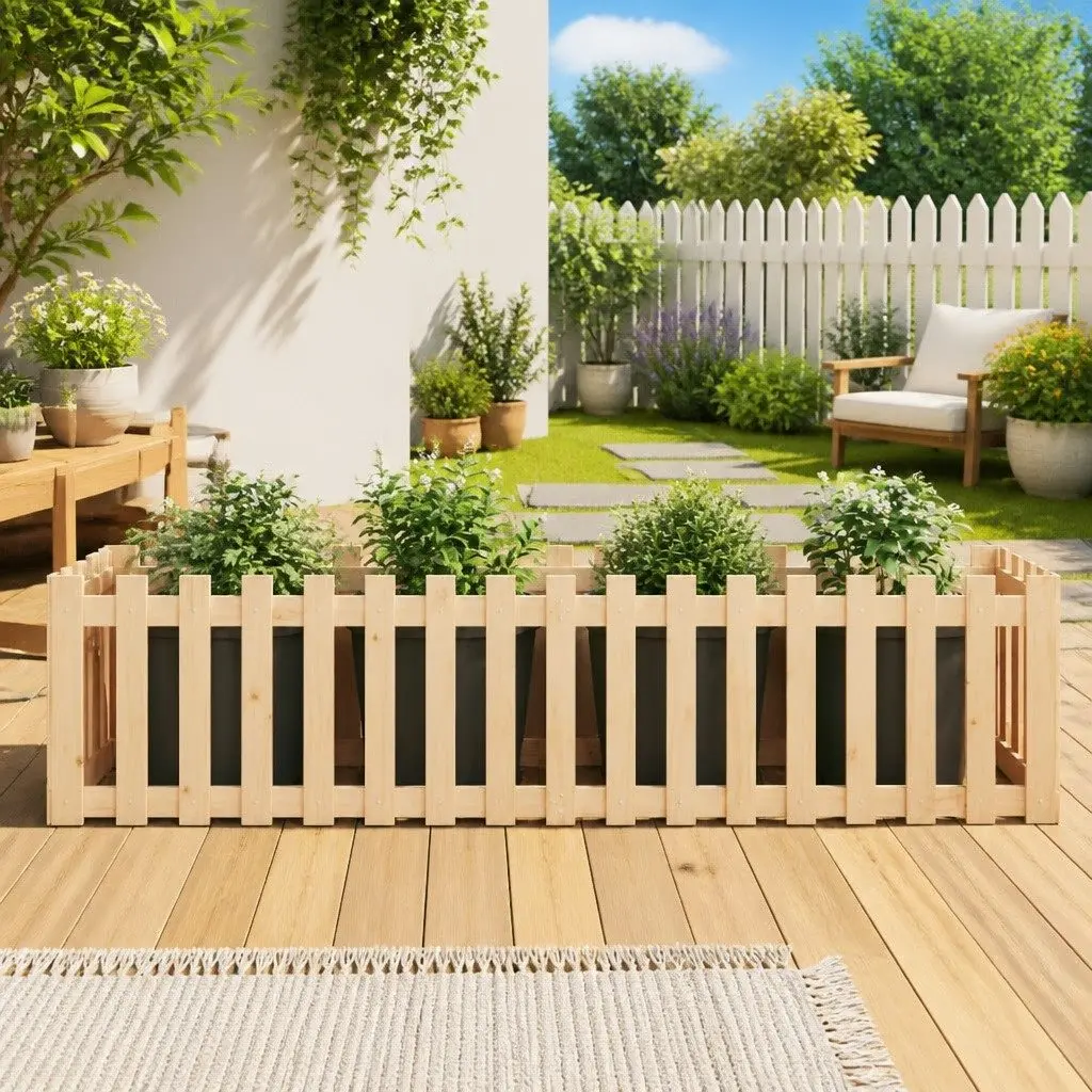 Garden Raised Bed with Fence Design 200x50x50cm Solid Pine Wood Planter Box
