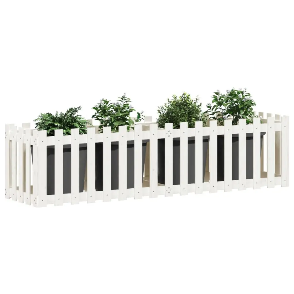 Garden Raised Bed White 200x50x50cm Fence Design Solid Pine Wood Planter Box