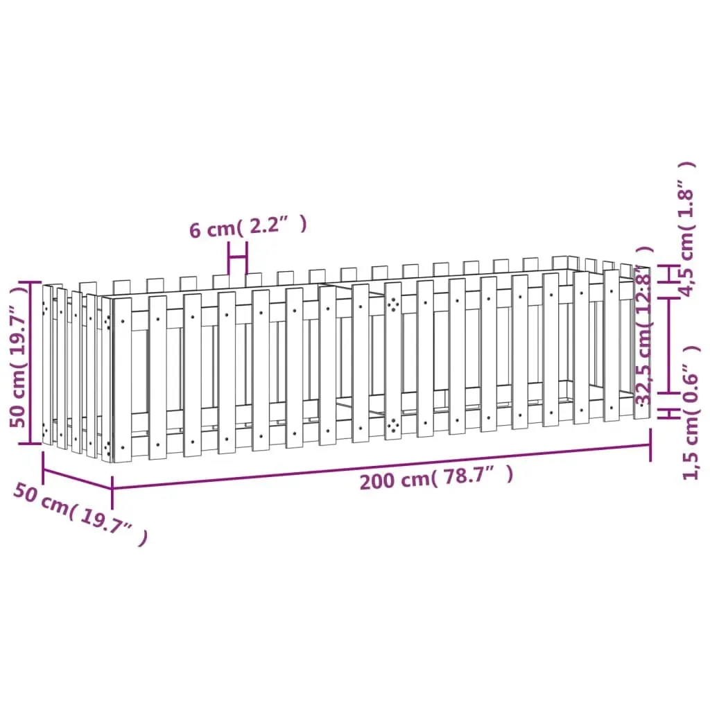 Garden Raised Bed White 200x50x50cm Fence Design Solid Pine Wood Planter Box