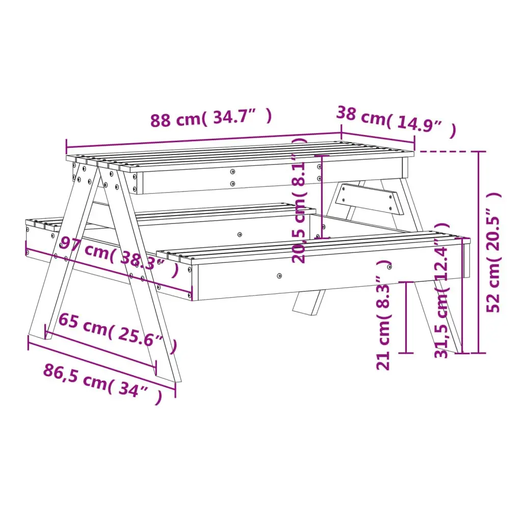 Kids Picnic Table Outdoor Dining Bench Wooden Play Activity 88 x 97 x 52 cm Brown