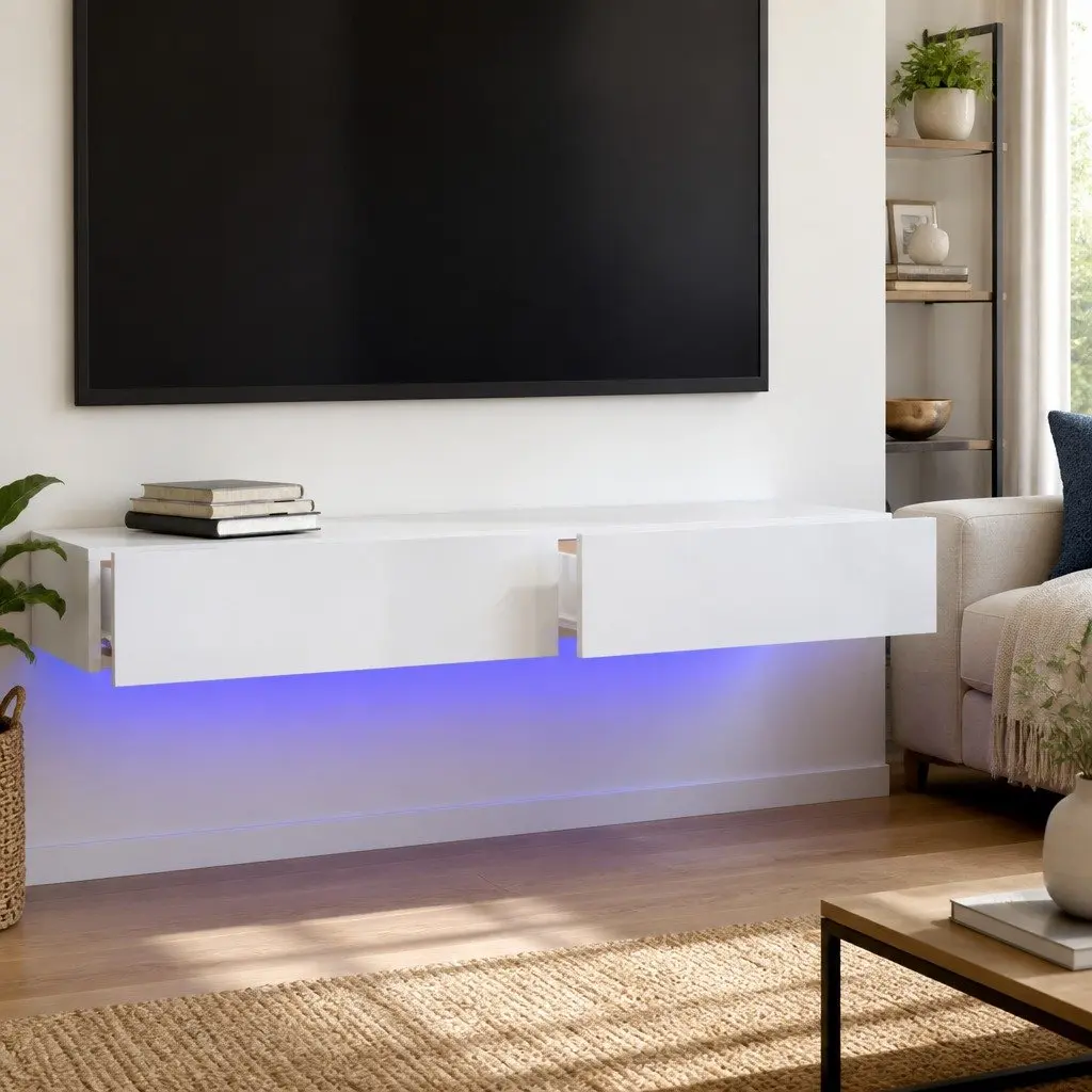 TV Cabinet LED Lights Entertainment Unit 120x35x15.5 cm High Gloss White