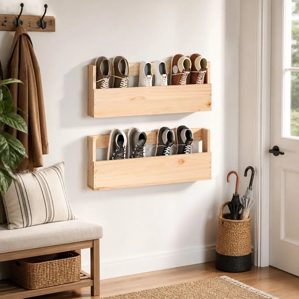 Wall-Mounted Shoe Rack Solid Pine Wood Brown Storage Shelves 59x9x23cm 2 Piece