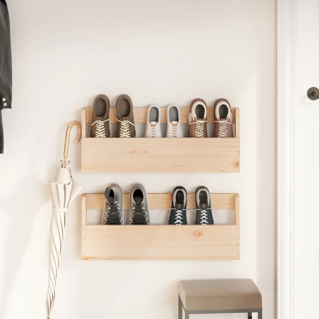 Wall-Mounted Shoe Rack Solid Pine Wood Brown Storage Shelves 59x9x23cm 2 Piece