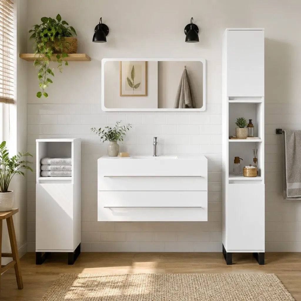 Bathroom Cabinet with Mirror Wall-Mounted Storage Organizer White Furniture