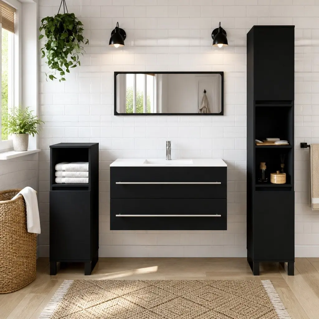 Wall-Mounted Bathroom Cabinet Storage with Integrated Mirror Black Engineered Wood