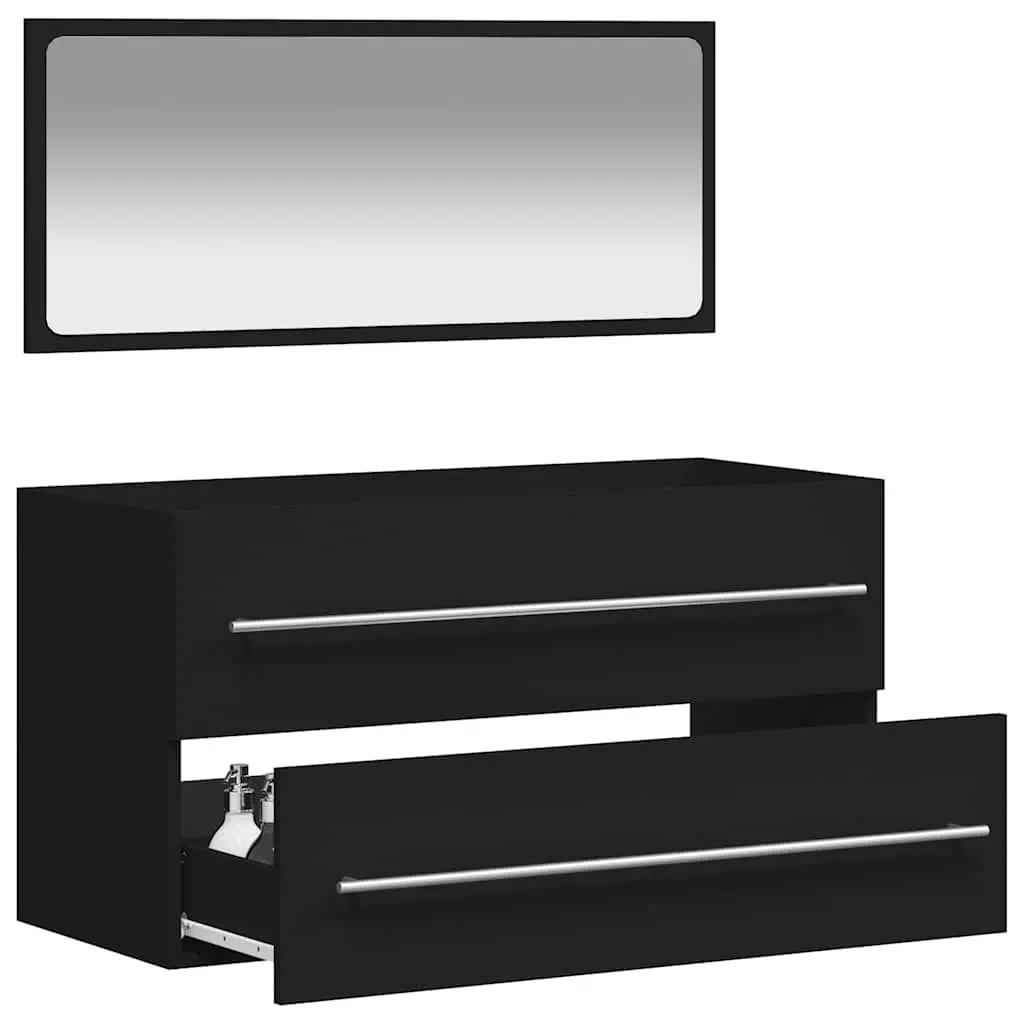 Wall-Mounted Bathroom Cabinet Storage with Integrated Mirror Black Engineered Wood