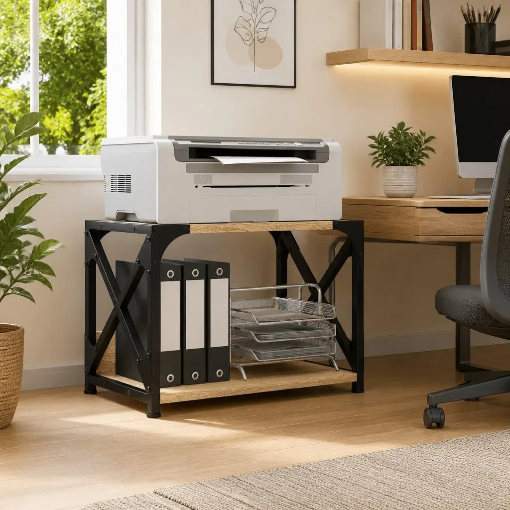 Printer Stand 2-Tier Brown Desk Organiser Storage Shelf Office Home Furniture