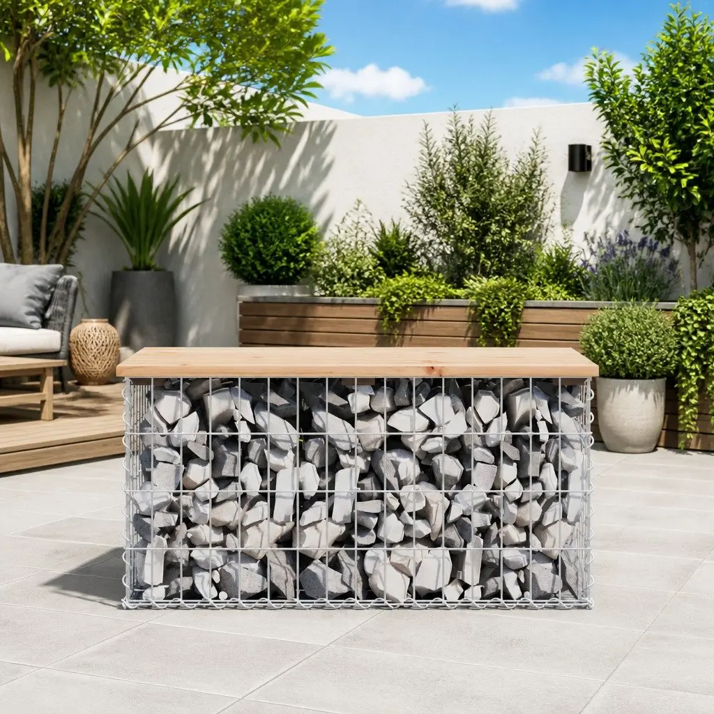 Garden Bench Gabion Design Outdoor Seating Solid Wood Pine Backyard Patio