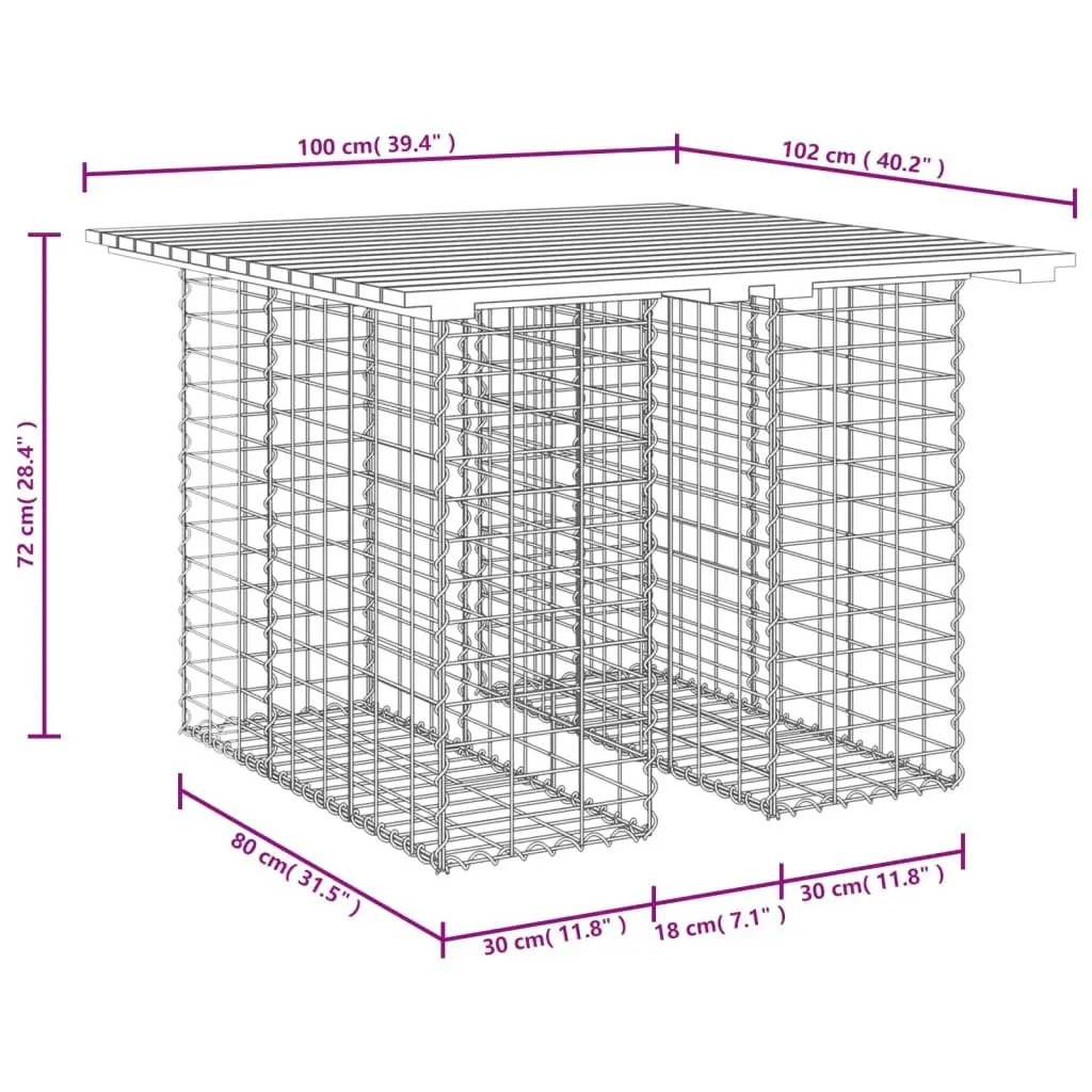 Garden Table Outdoor Use Solid Pinewood Top Galvanised Steel Gabion Base Brown