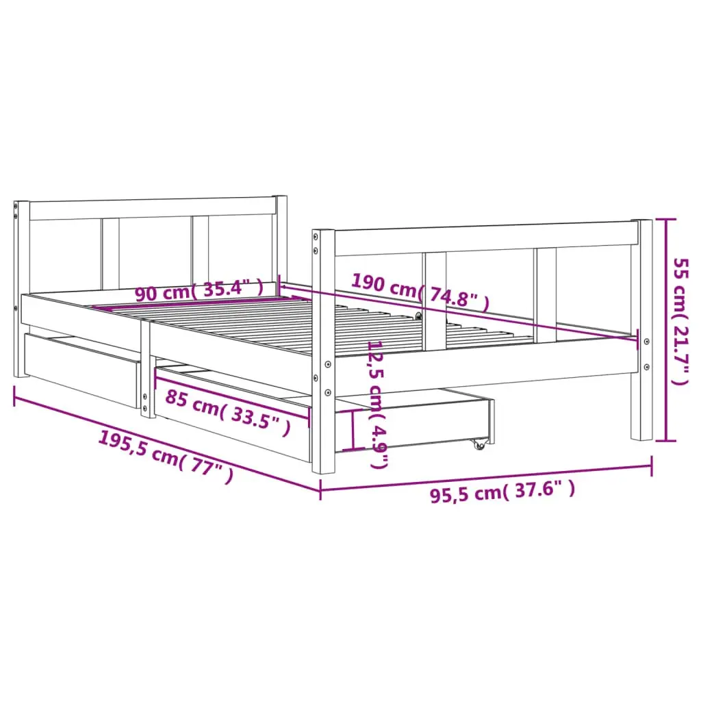 Kids Bed Frame with Storage Drawers 90x190 cm Solid Pine Wood Single Bed
