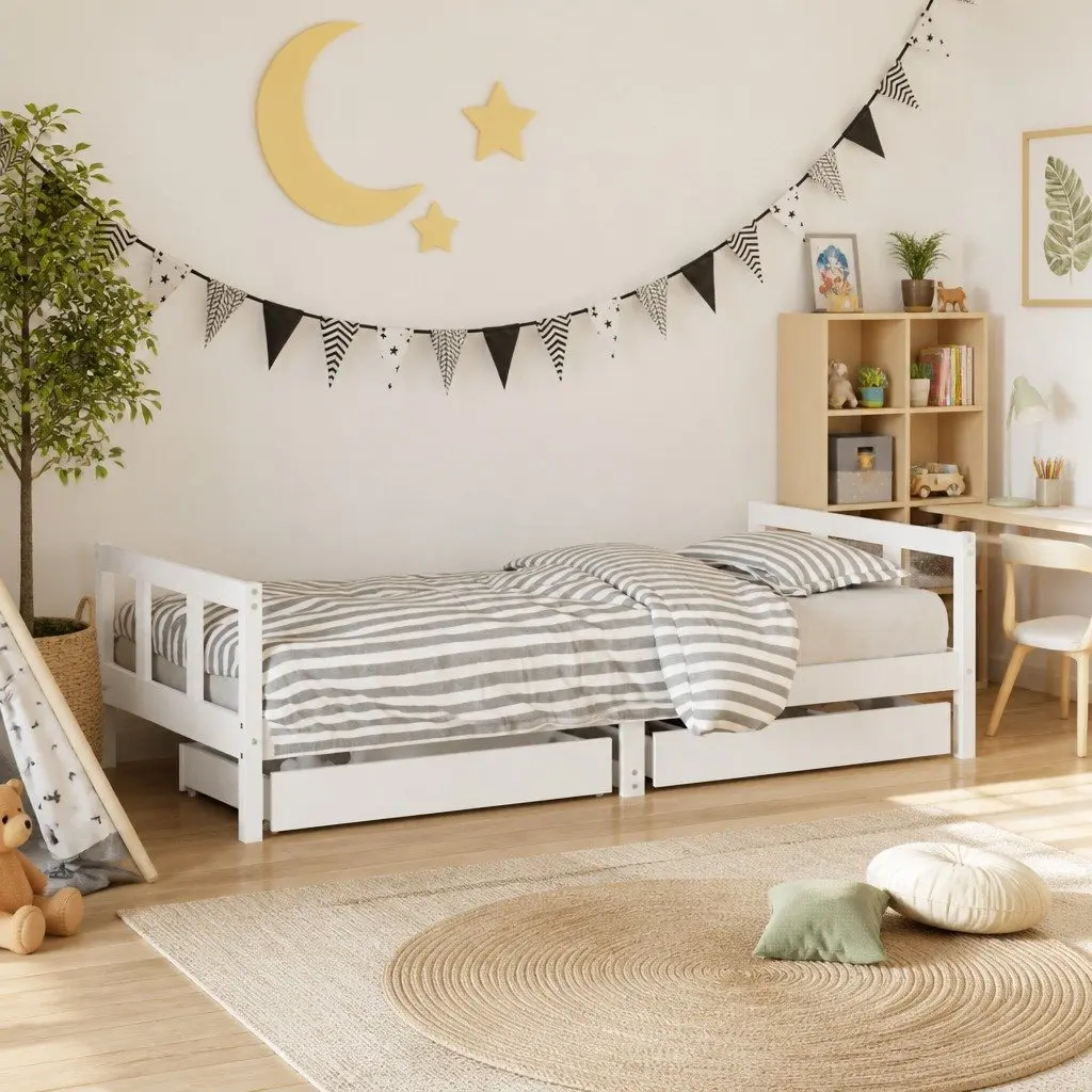 Kids Bed Frame with Storage Drawers in White 90x190 cm