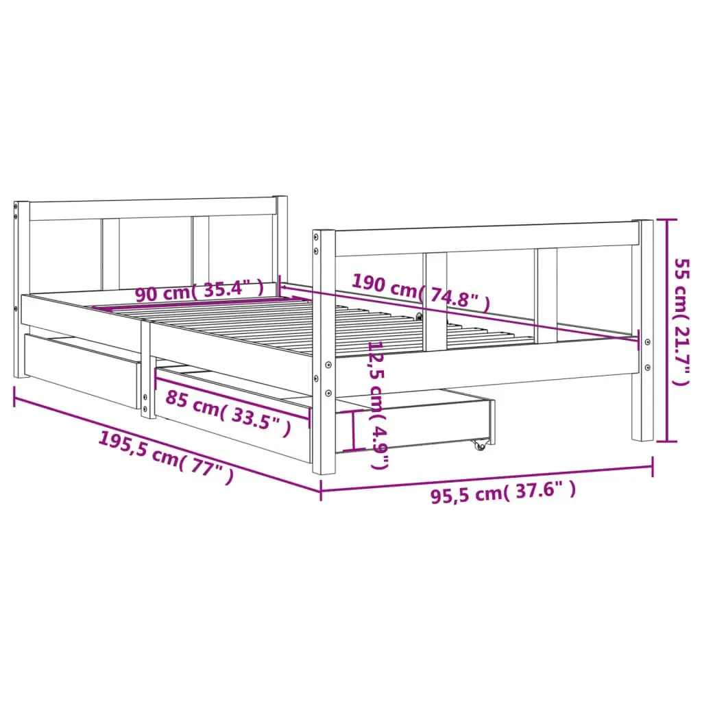 Kids Bed Frame with Storage Drawers 90x190 cm White Solid Wood