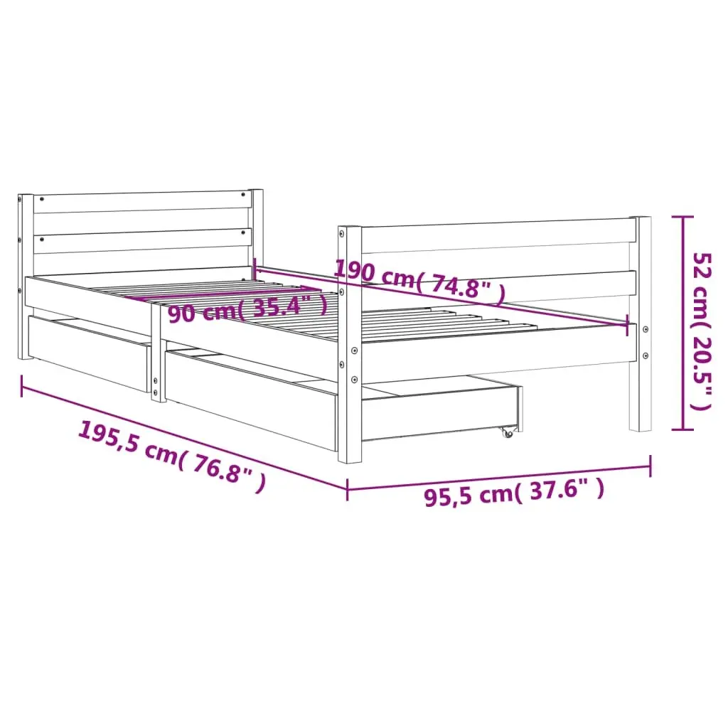 Kids Bed Frame Storage Drawers 90x190 cm Solid Pine Wood Black