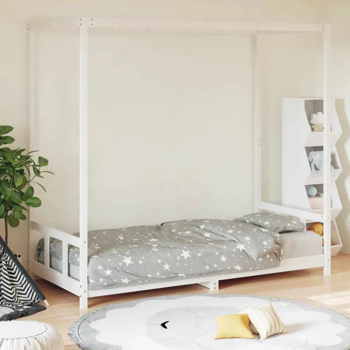 Kids Bed Frame White Canopy 90x190 cm Solid Wood Pine Toddler Single Bed