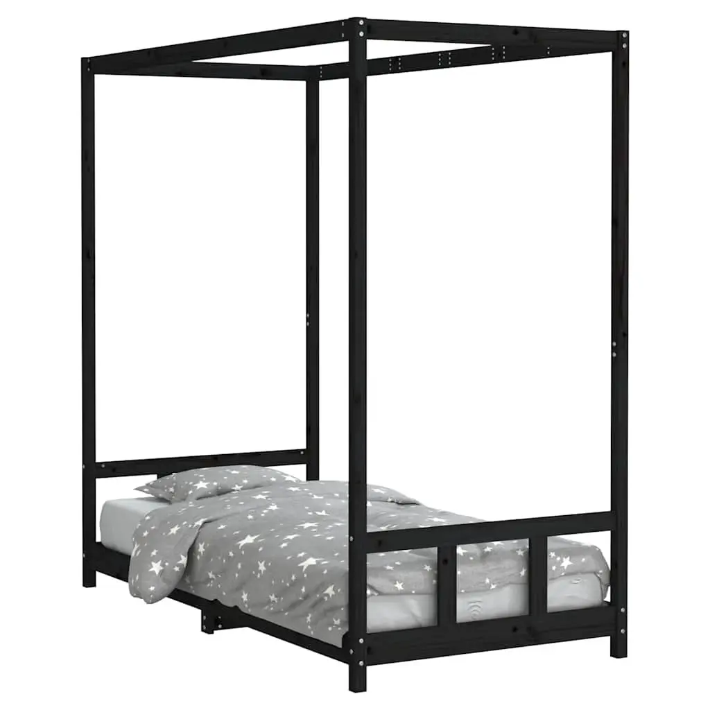 Kids Bed Frame Canopy 90x190 cm Black Wooden Slats Toddler Single Bed