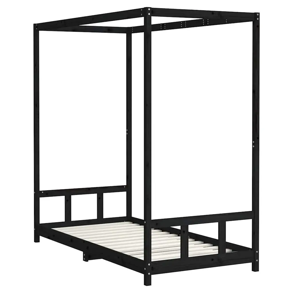 Kids Bed Frame Canopy 90x190 cm Black Wooden Slats Toddler Single Bed