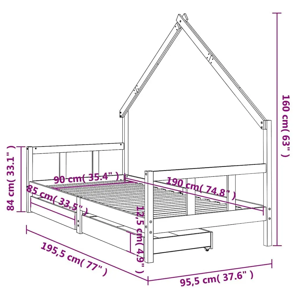 Kids Bed Frame with Storage Drawers 90x190 cm Brown Solid Pine Wood