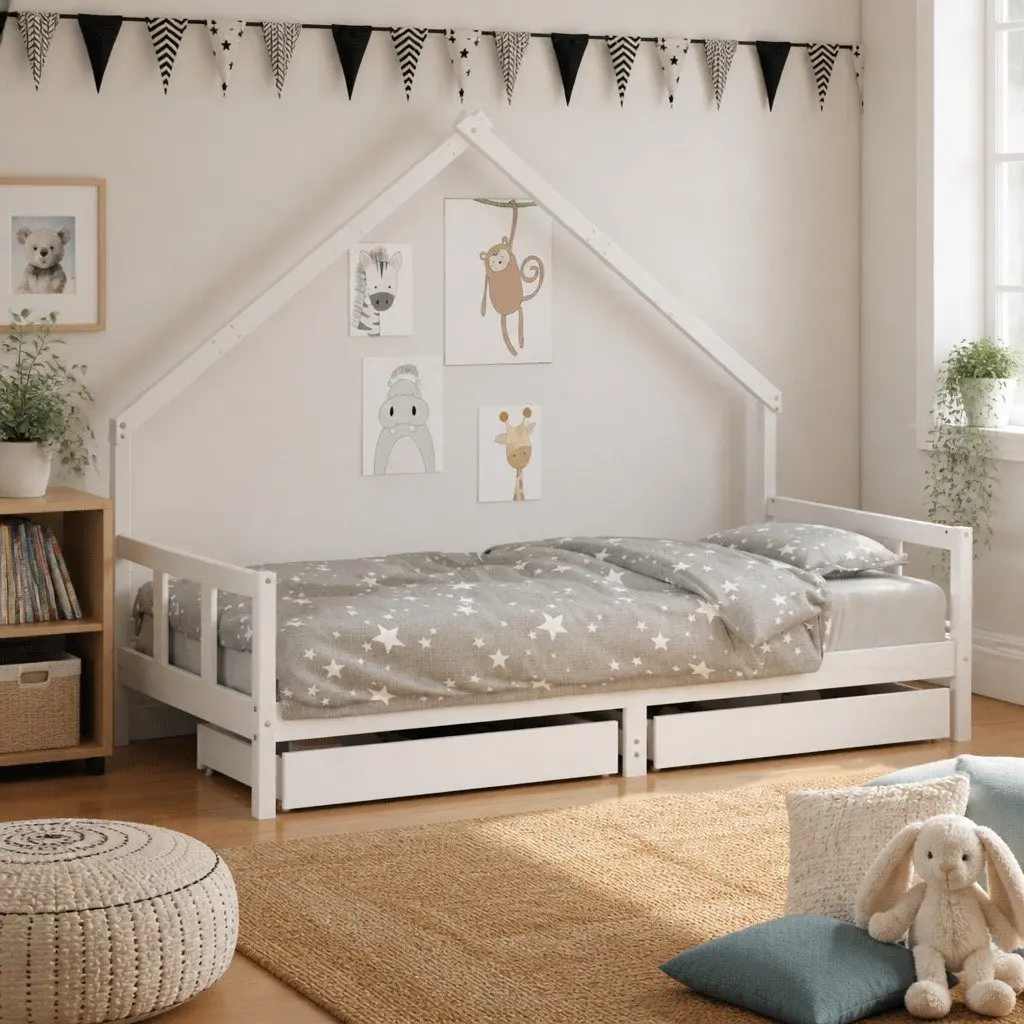 Kids Bed Frame in White with Storage Drawers