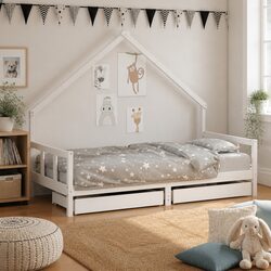 Kids Bed Frame with Storage Drawers White Wooden Toddler Single Bed House Design