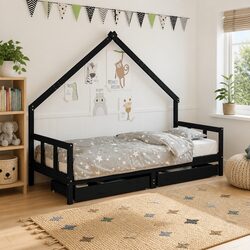 Reliable Kids Bed Frame with House Design and Storage 90x190 cm
