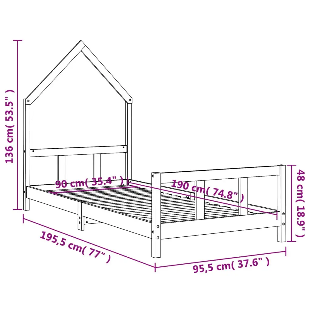 Kids Bed Frame House Bed 92x187cm White Solid Pine Wood Toddler Bedroom