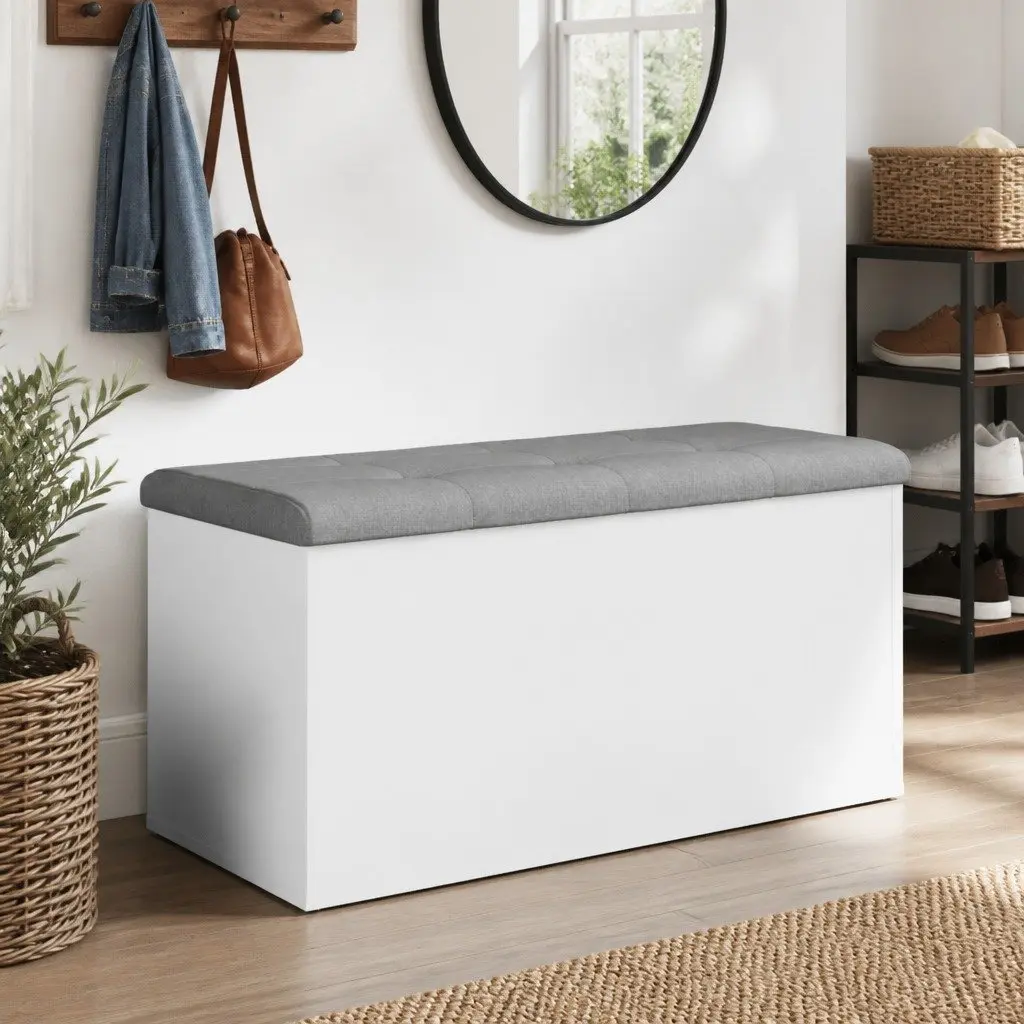 Storage Bench White Padded Seat 82x42x45 cm Hinged Lid