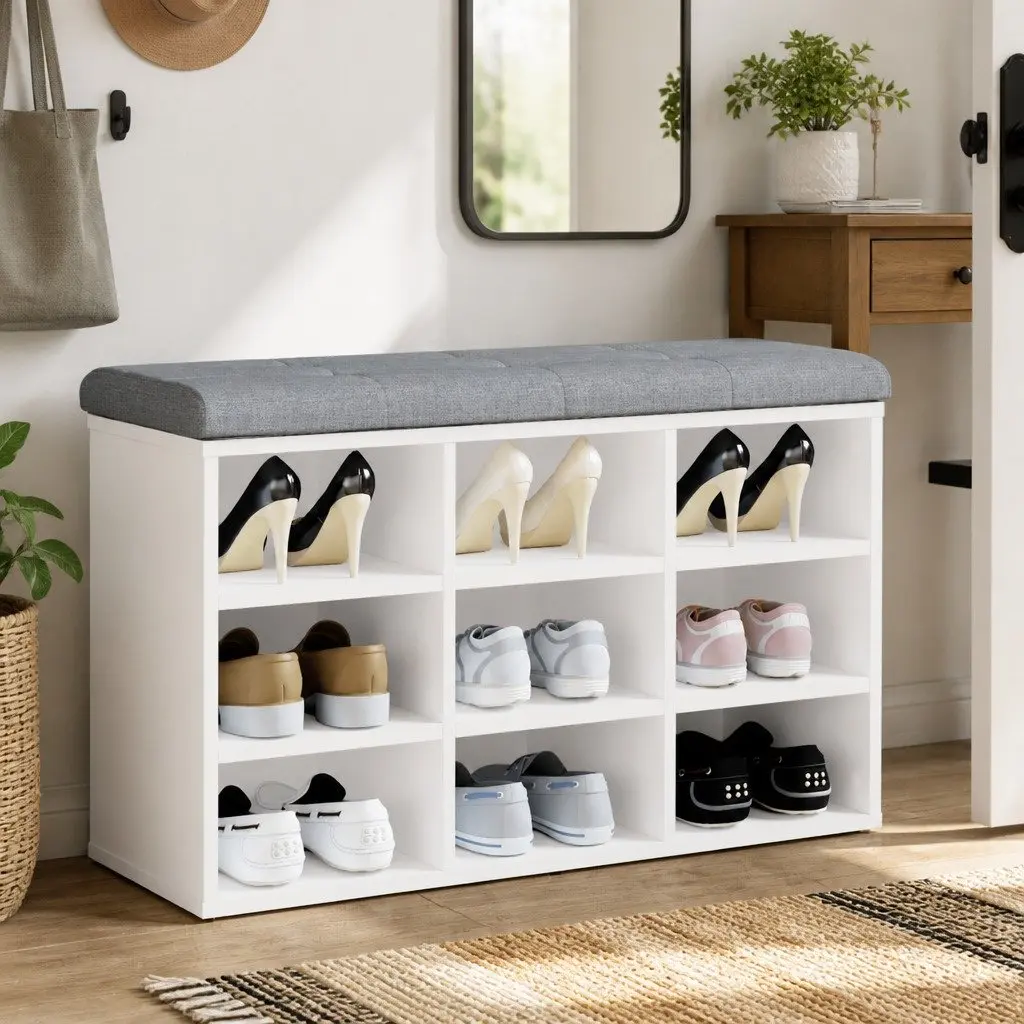 Shoe Bench Storage Seating White Padded Cushion 82L x 32W x 50H cm