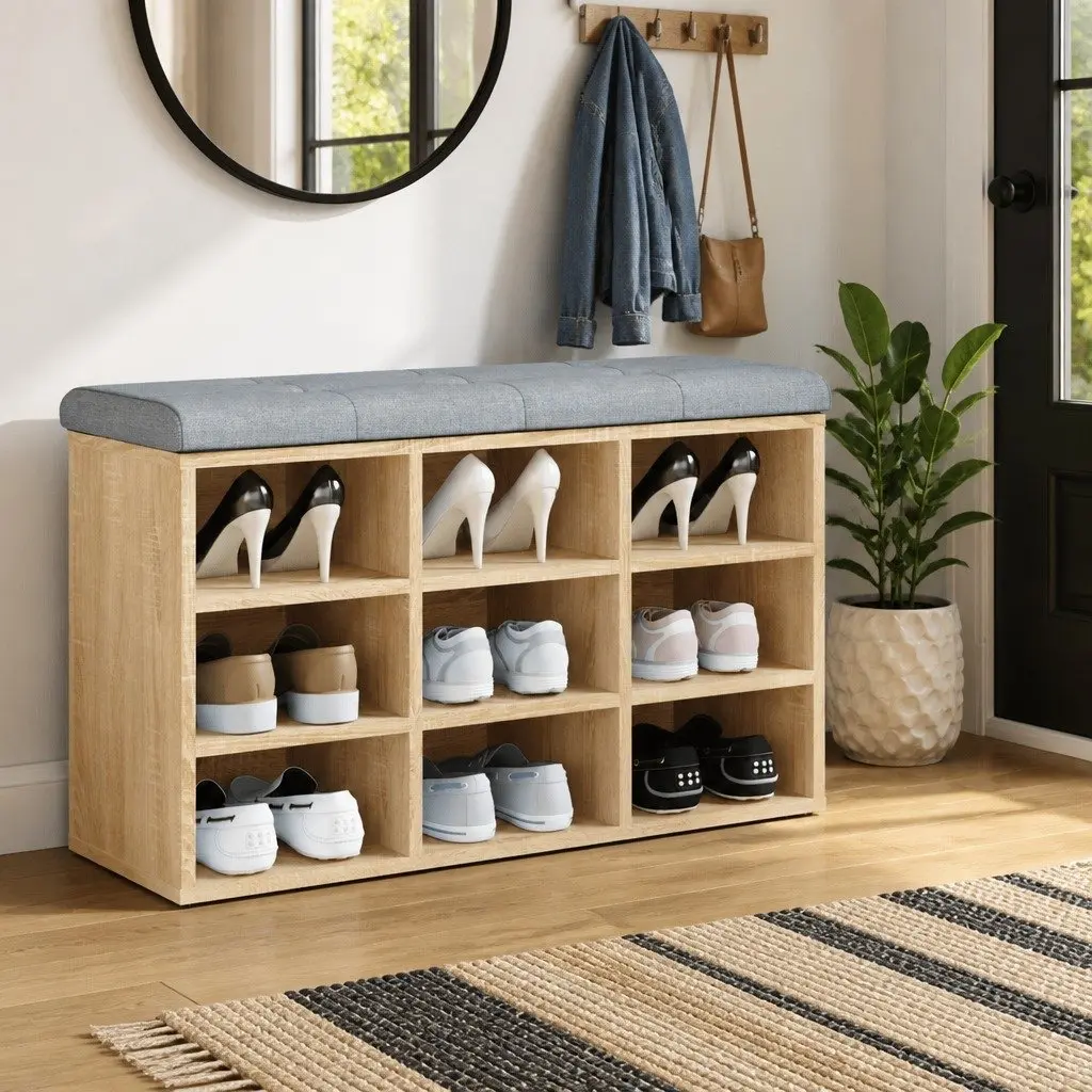 Shoe Bench Storage Entryway Hallway Padded Seat Engineered Wood Brown 82x32x50cm