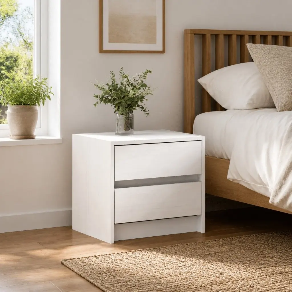 Bedside Table White Solid Pine Wood Nightstand 2 Drawers