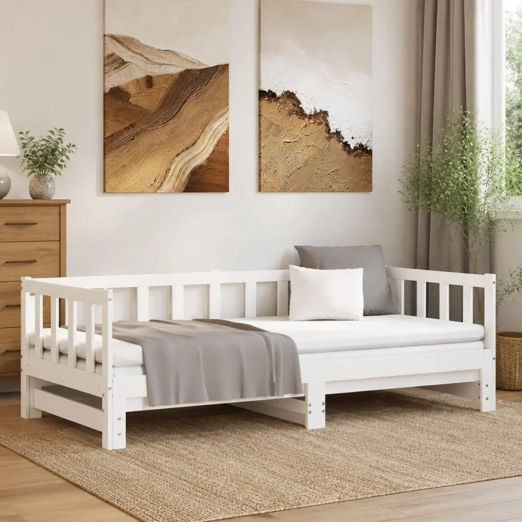 Day Bed with Trundle Solid Wood Slatted Base White 90x190 cm Pull-Out Guest Sofa