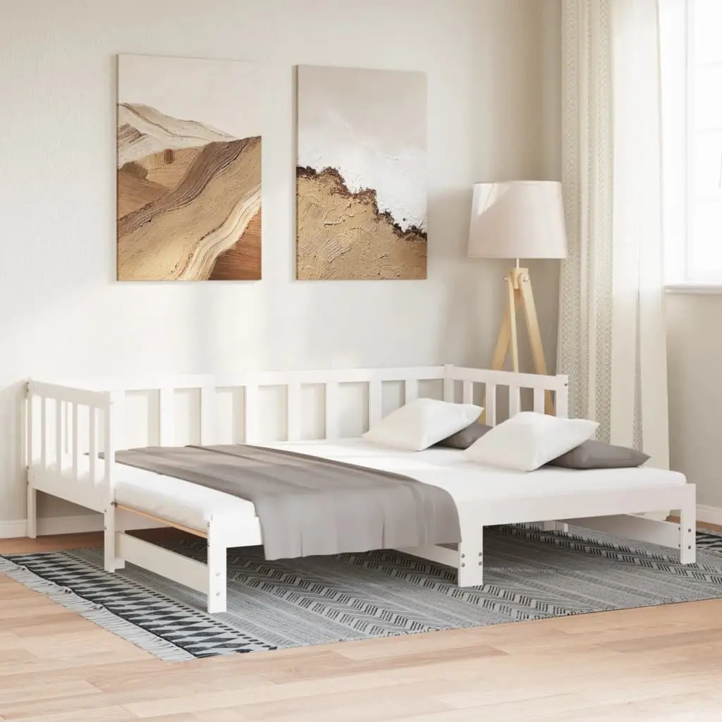 Day Bed with Trundle Solid Wood Slatted Base White 90x190 cm Pull-Out Guest Sofa
