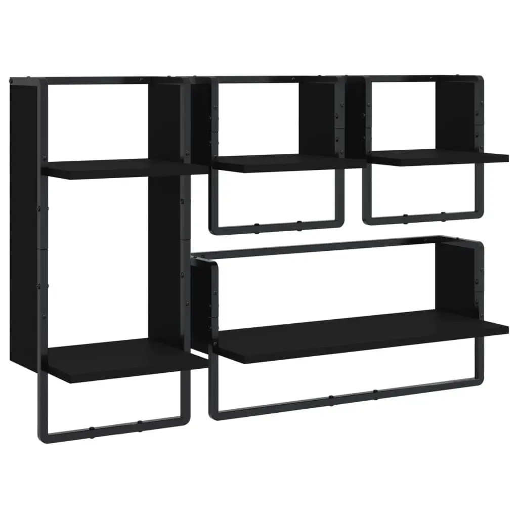 Wall Shelf Set Floating Display Shelves with Bars 4 Piece Black