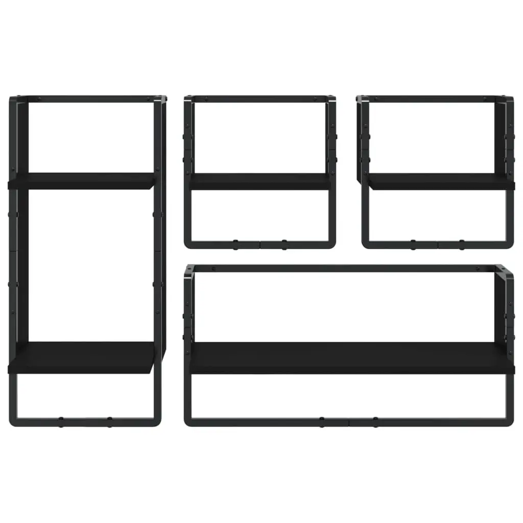 Wall Shelf Set Floating Display Shelves with Bars 4 Piece Black