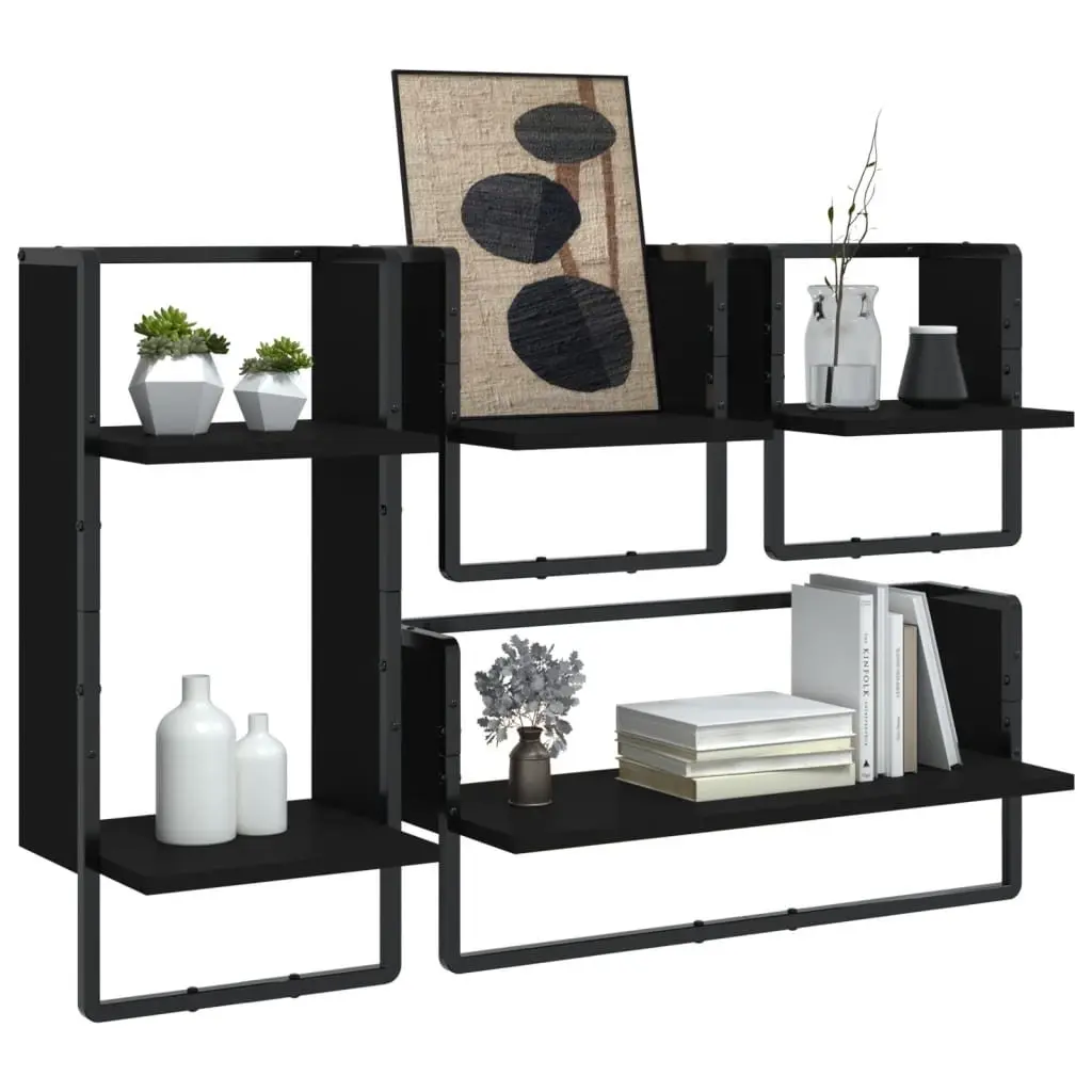 Wall Shelf Set Floating Display Shelves with Bars 4 Piece Black