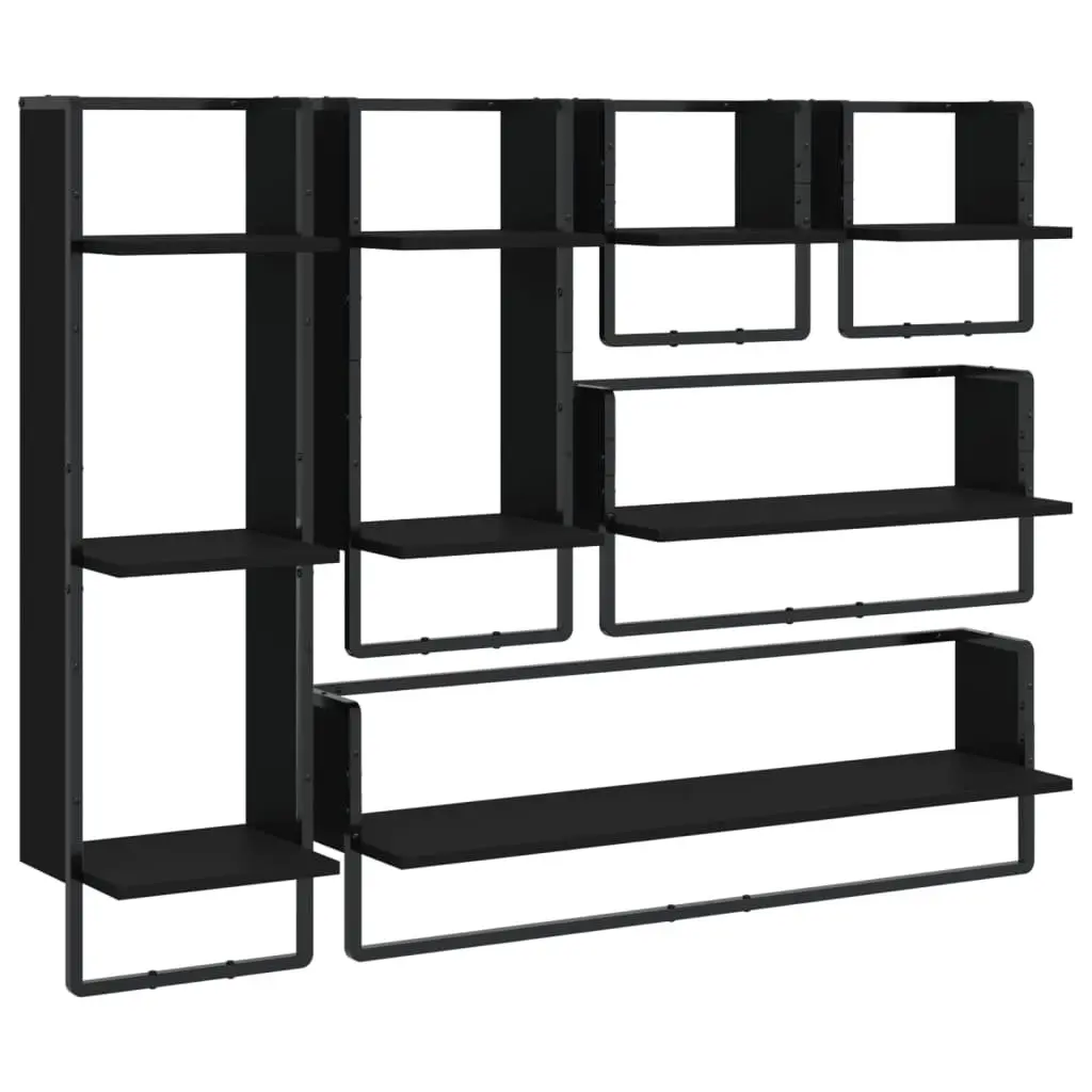 Wall Shelf Set 6 Piece Black Floating Display Shelves with Bars Storage