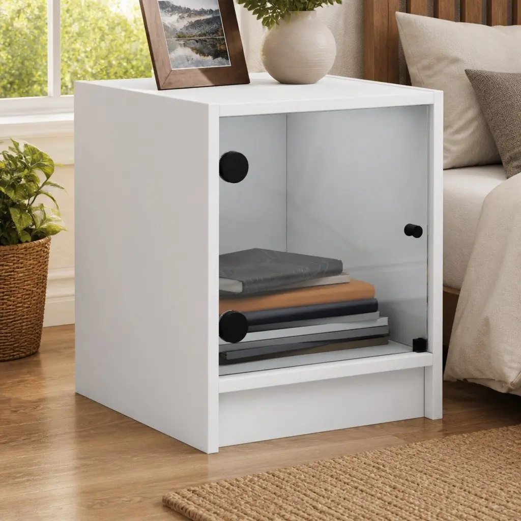 Bedside Cabinets Storage 2 Piece White Engineered Wood with Glass Doors