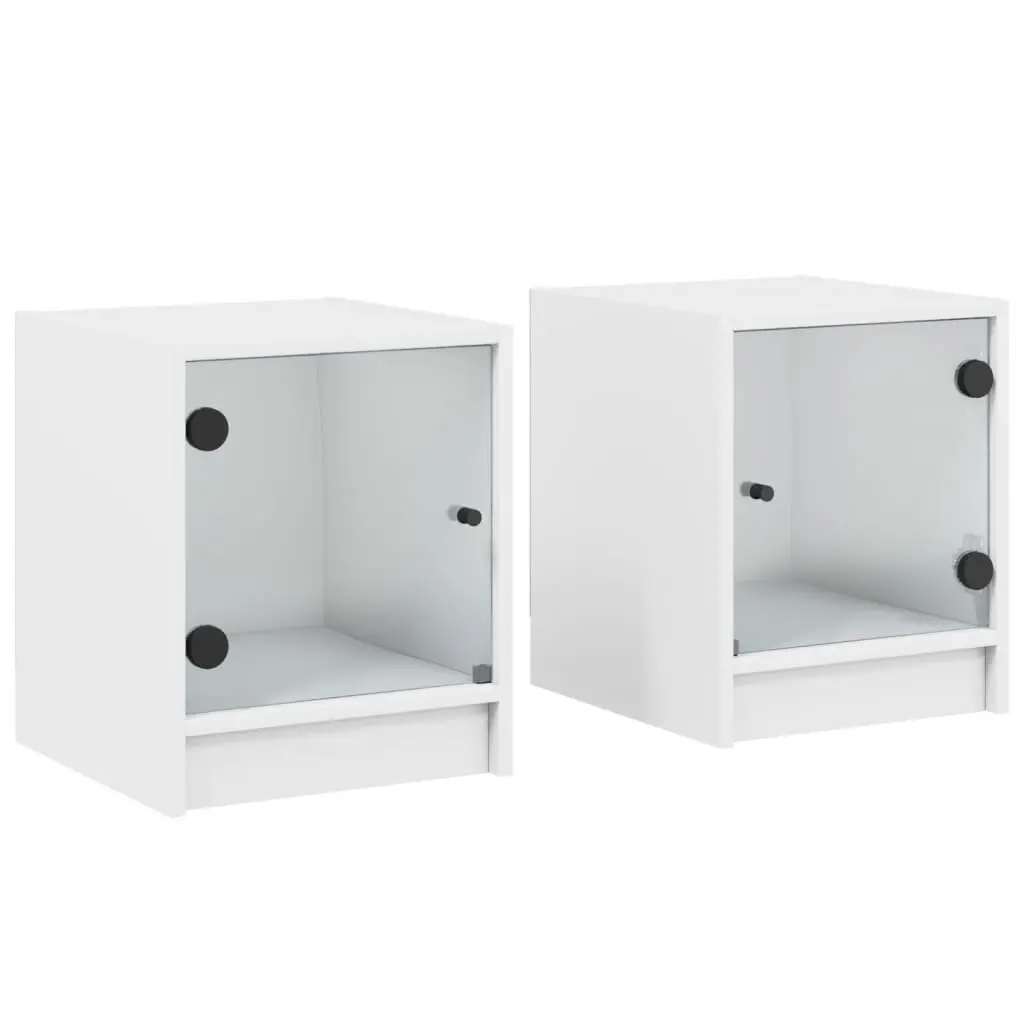 Bedside Cabinets Storage 2 Piece White Engineered Wood with Glass Doors