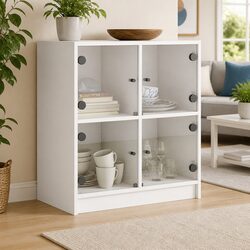 Side Cabinet with Glass Doors White Storage Furniture Cupboard Buffet Sideboard