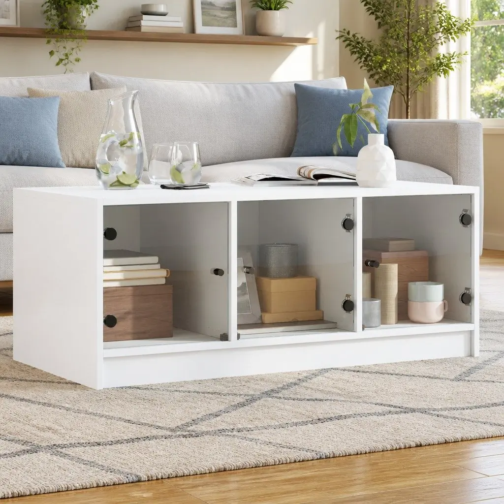 Coffee Table Storage Display 102L x 50W x 42H cm White Glass Doors Living Room Furniture